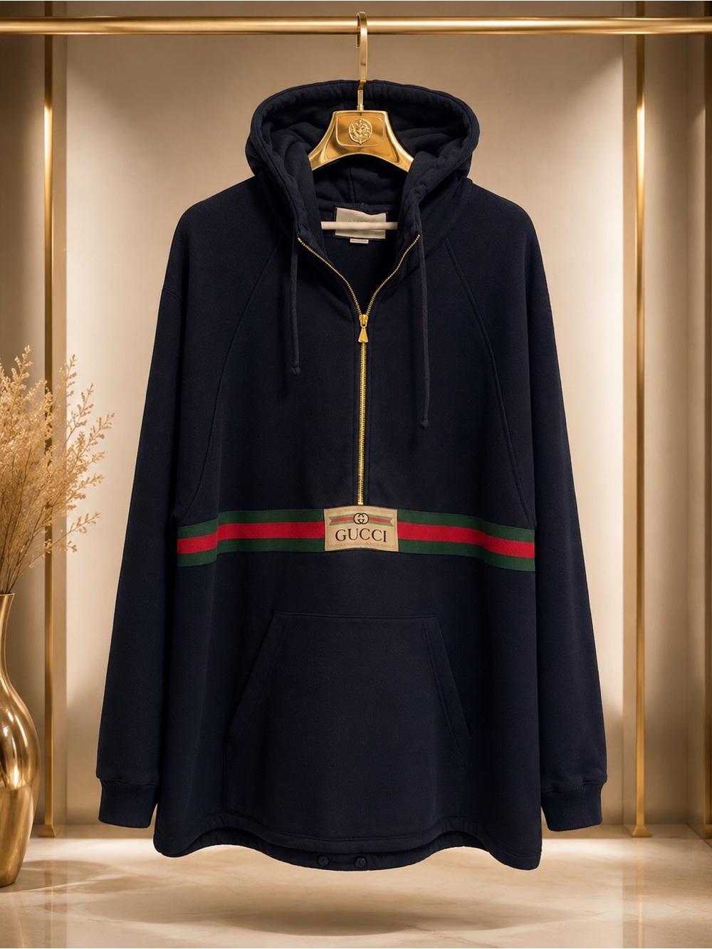 Gucci Men’s Web Stripe Half-Zip Hoodie Navy XXL / US 50 Made in Italy